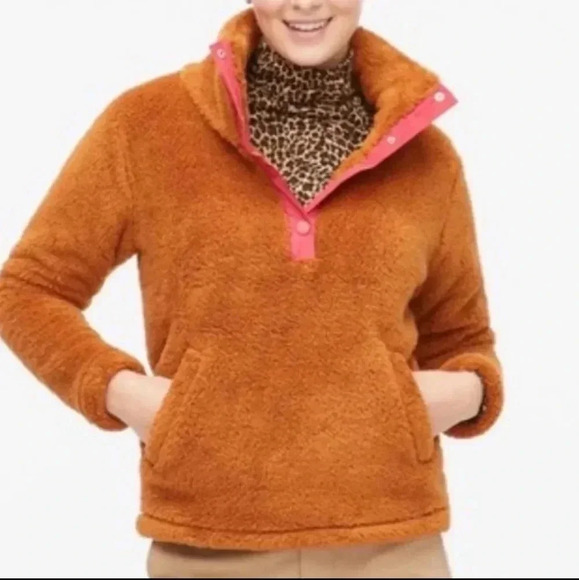 J. Crew Snap Fleece Sherpa Teddy Bear Pullover Jacket, Rust Orange, Size XXL - Picture 1 of 13